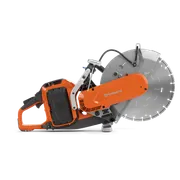 Side view of a Husqvarna power cutter with a large circular blade.