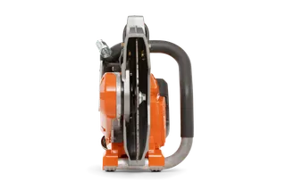 Front view of a construction power cutter with a visible blade and ergonomic handle.