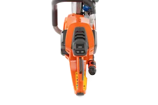 Front view of a chainsaw showcasing its control panel and handle.