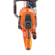 Front view of a chainsaw showcasing its control panel and handle.