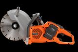 Side view of a Husqvarna power cutter with visible blade and battery compartment.