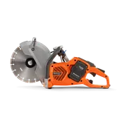 Side view of a Husqvarna power cutter with visible blade and battery compartment.