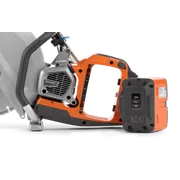 Side view of a Husqvarna power cutter with a detached battery.