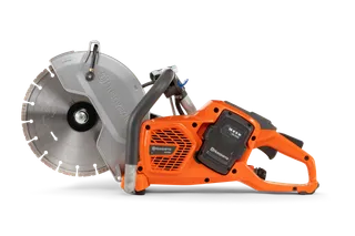 Side view of a Husqvarna power cutter with a visible blade and ergonomic handle.