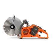 Side view of a Husqvarna power cutter with a visible blade and ergonomic handle.