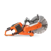 Side view of a Husqvarna power cutter with a large circular blade.