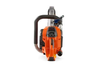 Front view of a Husqvarna chainsaw with visible controls and handle.