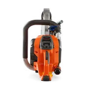 Front view of a Husqvarna chainsaw with visible controls and handle.