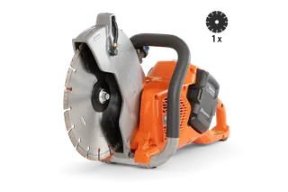Side view of a Husqvarna power cutter with a circular blade, showcasing its ergonomic handle.