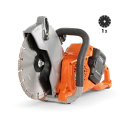 Side view of a Husqvarna power cutter with a circular blade, showcasing its ergonomic handle.