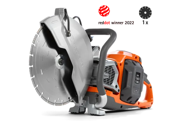 Side view of a power cutter with a circular blade, showcasing its design and features.