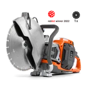 Side view of a power cutter with a circular blade, showcasing its design and features.