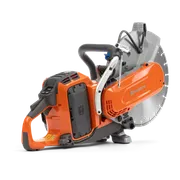 Side view of a Husqvarna power cutter showcasing its ergonomic handle and blade.