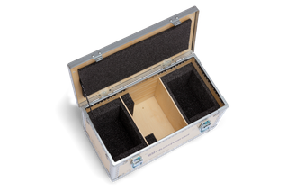 Top view of an open Husqvarna storage box with foam compartments.