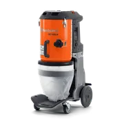 Zijaanzicht van een industriële stofzuiger van Husqvarna met een doorzichtige stofzak.