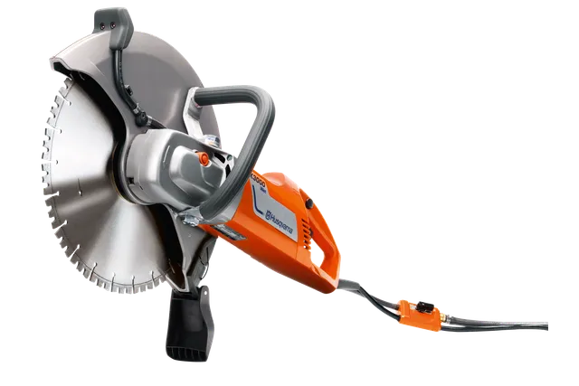 Side view of a Husqvarna power cutter with ergonomic handle.