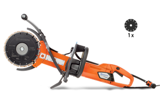Vedere laterală a unei mașini de tăiat electrice pentru construcții Husqvarna cu o pictogramă de lamă de rezervă.