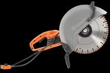 Side view of a Husqvarna power cutter with ergonomic handle and visible blade.