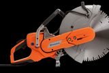 Side view of a Husqvarna power cutter with ergonomic handle and large cutting blade.