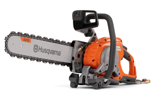 Side view of a Husqvarna chainsaw with ergonomic handle and chain.