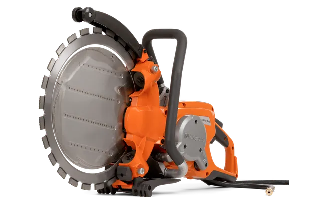 Side view of a Husqvarna construction power cutter with a circular blade.