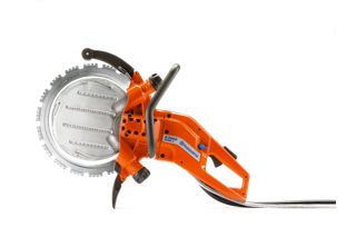 Vedere laterală a unui tăietor electric de construcție Husqvarna cu mâner ergonomic.