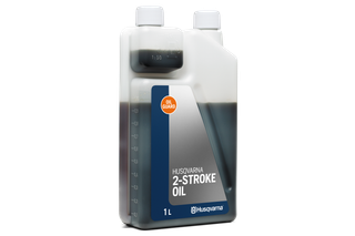 Front view of a Husqvarna 2-stroke oil container with visible measurement markings.