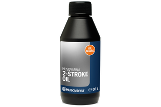 Front view of a Husqvarna 2-stroke oil bottle with a 0.1L capacity.