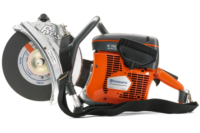 Vy från sidan av en Husqvarna rescue-kapmaskin med synlig klinga och rem.