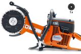 Side view of a Husqvarna K760 power cutter with visible blade and ergonomic handle.