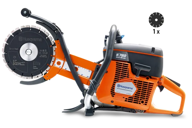 Seitenansicht eines Husqvarna K760 Trennschleifers mit sichtbarer Klinge und ergonomischem Handgriff.