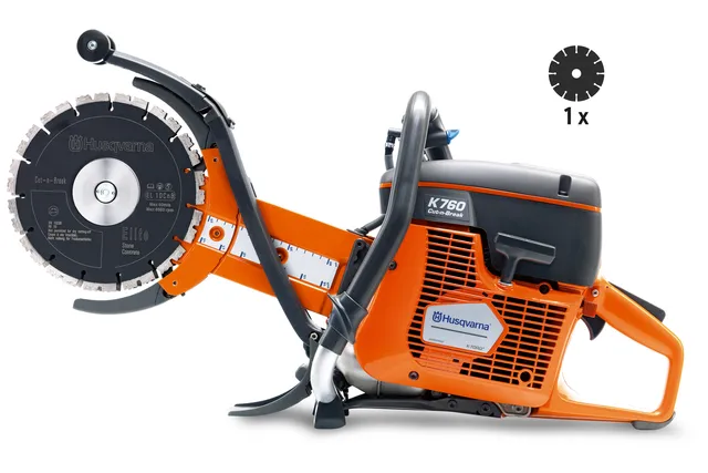Side view of a Husqvarna K760 power cutter with visible blade and ergonomic handle.