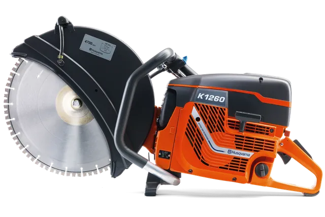 Side view of a Husqvarna K1260 power cutter showcasing its blade and ergonomic handle.