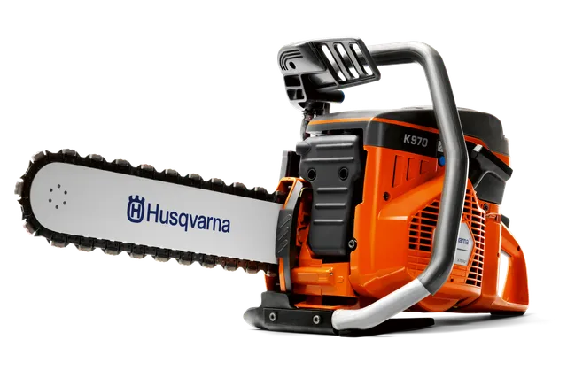 Side view of a Husqvarna K970 power cutter with ergonomic handle and blade.