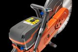 Side view of a Husqvarna power cutter with ergonomic handle and blade.