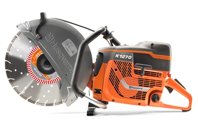 Side view of a Husqvarna K1270 power cutter with a large circular blade.