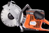 Πλάγια όψη ενός κόφτη ισχύος διάσωσης Husqvarna K770 με λεπίδα διάσωσης πυρκαγιάς.
