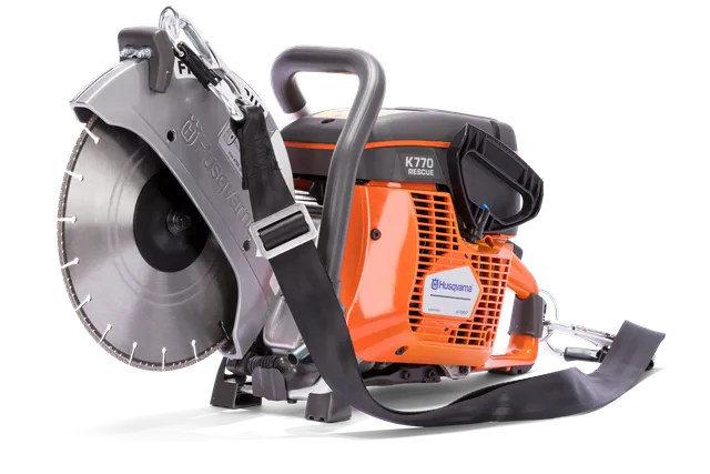 Side view of a Husqvarna K770 Rescue power cutter with blade and carrying strap.