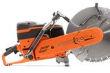 Side view of a Husqvarna power cutter showcasing its blade and ergonomic handle.