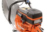 Side view of a Husqvarna power cutter with ergonomic handle and blade.