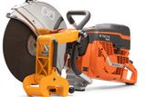 Side view of a Husqvarna K1270 Rail power cutter with a rail clamp accessory.