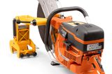 Side view of a Husqvarna power cutter with a clamp accessory.