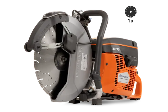 Side view of a Husqvarna K770 power cutter with a cutting disc.