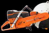 Side view of a Husqvarna power cutter with a large circular blade.