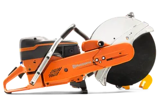 Side view of a Husqvarna power cutter with a large circular blade.