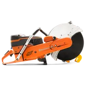Side view of a Husqvarna power cutter with a large circular blade.
