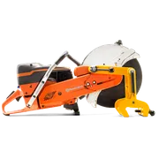 Side view of a Husqvarna power cutter with a circular blade and ergonomic handle.