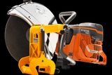 Side view of a Husqvarna K1270 Rail power cutter with a rail clamp attachment.