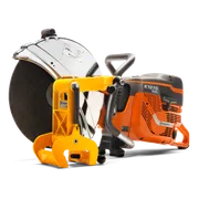 Side view of a Husqvarna K1270 Rail power cutter with a rail clamp attachment.