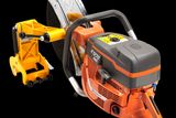 Side view of a Husqvarna power cutter with ergonomic handle and blade guard.
